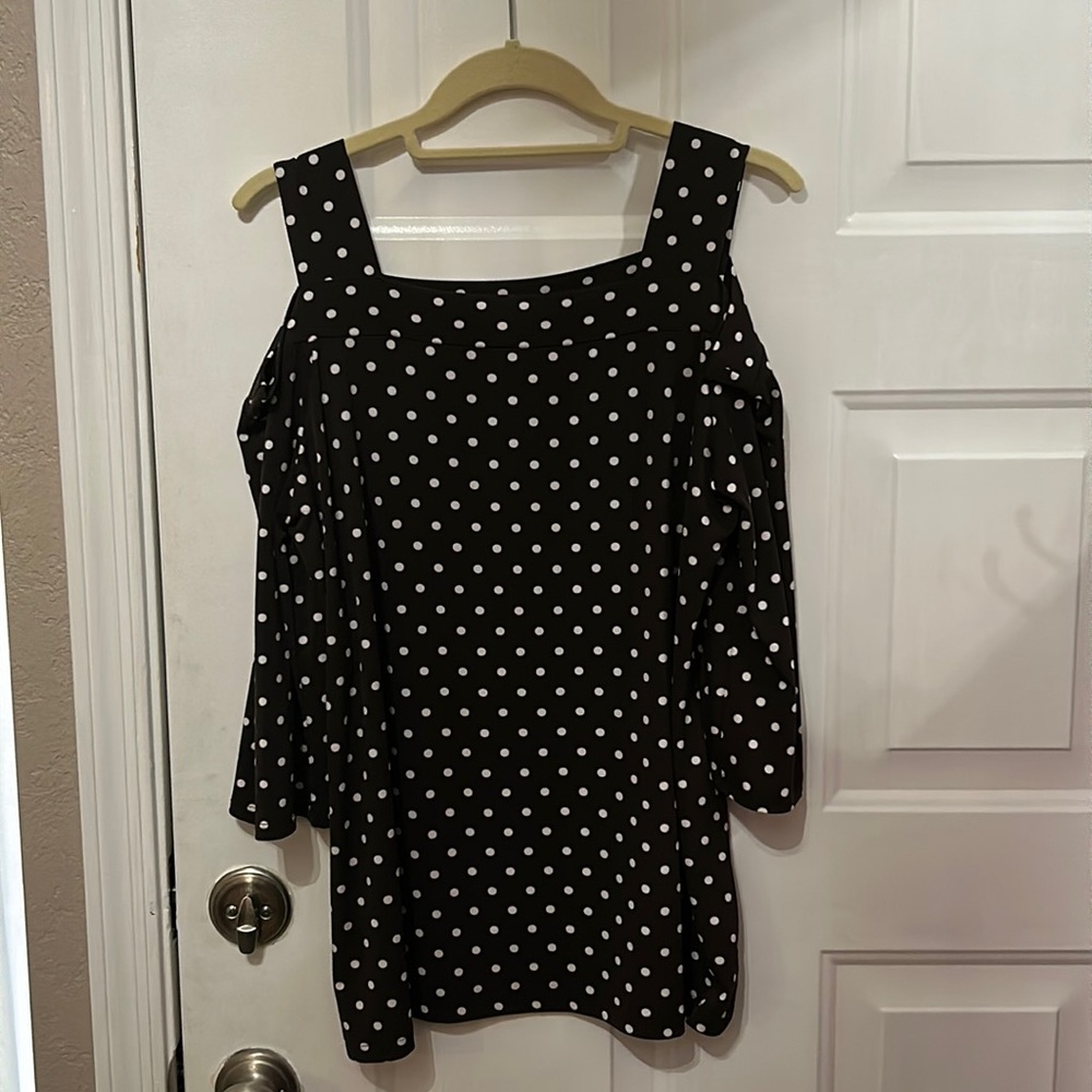 Chocolate brown cold shoulder polka dot top